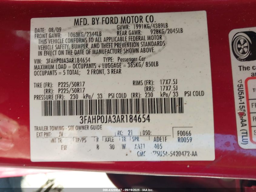 2010 Ford Fusion Sel VIN: 3FAHP0JA3AR184654 Lot: 43259347