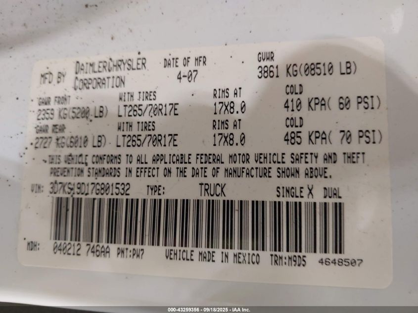 2007 Dodge Ram 1500 Slt VIN: 3D7KS19D17G801532 Lot: 43259356