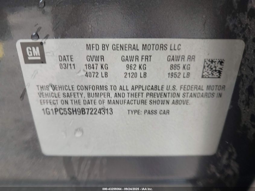 2011 Chevrolet Cruze Ls VIN: 1G1PC5SH9B7224313 Lot: 43259364