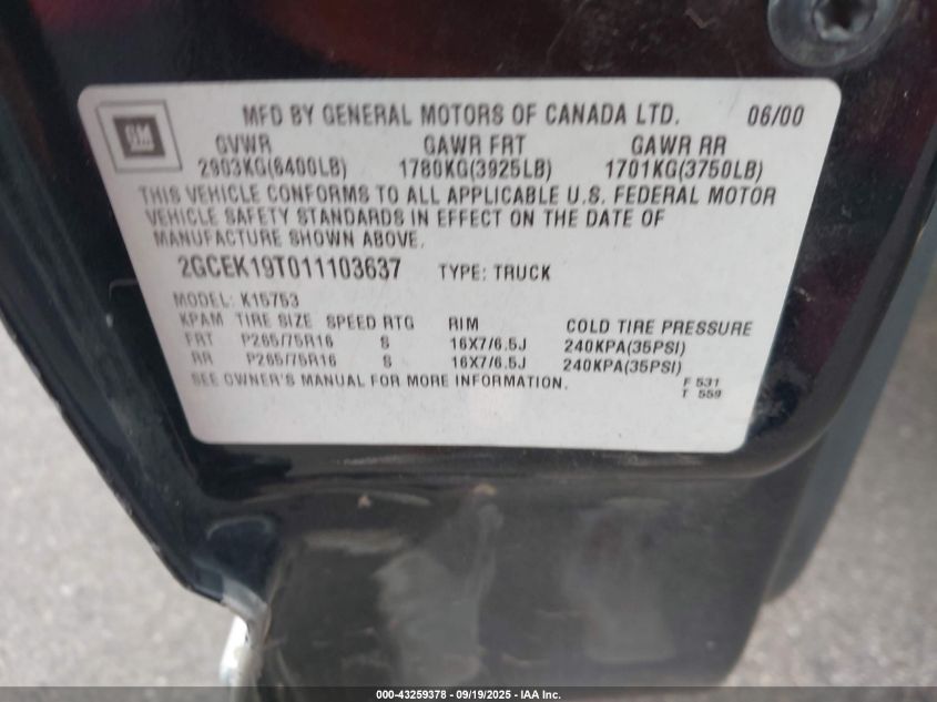 2001 Chevrolet Silverado 1500 Ls VIN: 2GCEK19T011103637 Lot: 43259378