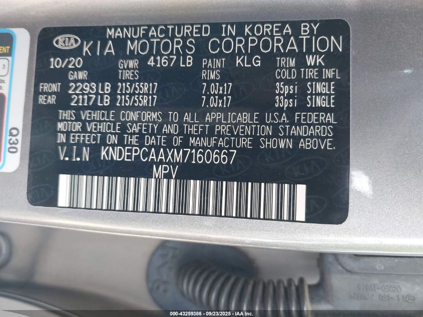 2021 Kia Seltos Lx VIN: KNDEPCAAXM7160667 Lot: 43259386