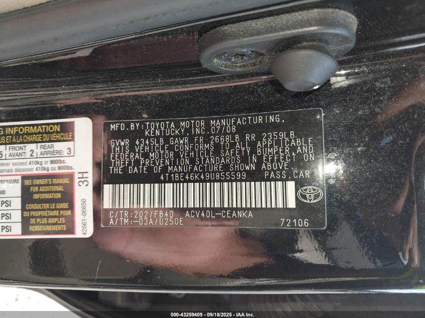 2009 Toyota Camry Le VIN: 4T1BE46K49U855599 Lot: 43259409