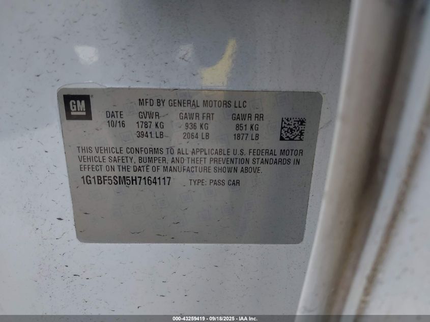2017 Chevrolet Cruze Premier Auto VIN: 1G1BF5SM5H7164117 Lot: 43259419