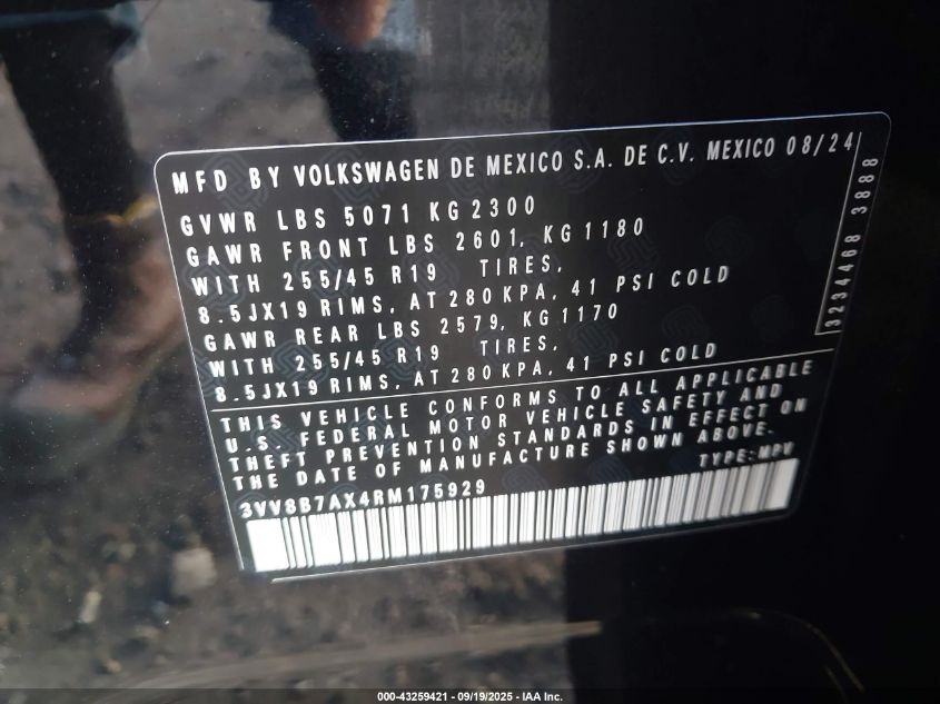 2024 Volkswagen Tiguan 2.0T Se R-Line Black VIN: 3VV8B7AX4RM175929 Lot: 43259421