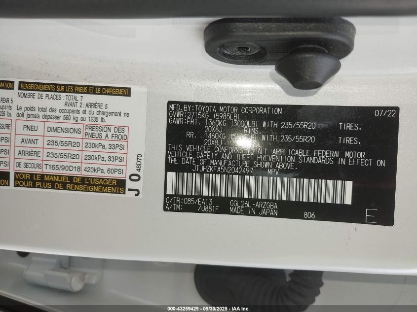 2022 Lexus Rx 350L VIN: JTJHZKFA5N2042497 Lot: 43259429