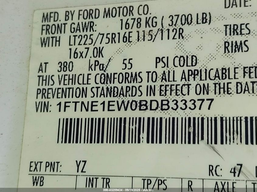 2011 Ford E-150 Commercial VIN: 1FTNE1EW0BDB33377 Lot: 43259434