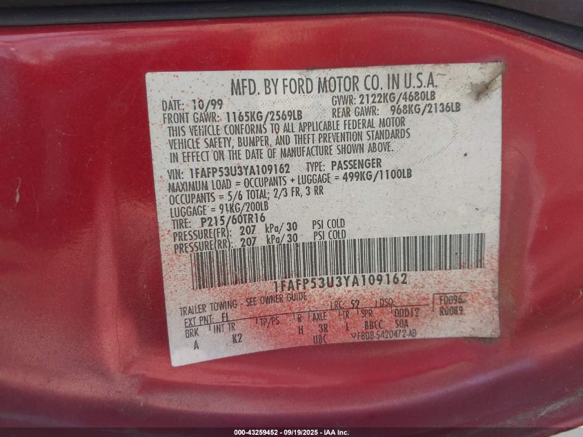 2000 Ford Taurus Se VIN: 1FAFP53U3YA109162 Lot: 43259452