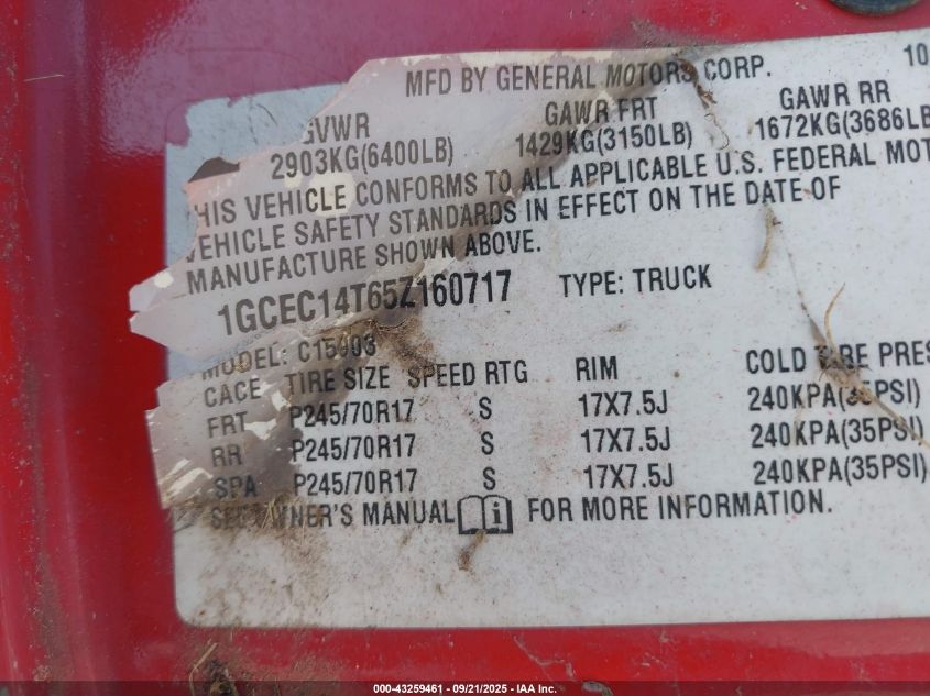 2005 Chevrolet Silverado 1500 VIN: 1GCEC14T65Z160717 Lot: 43259461