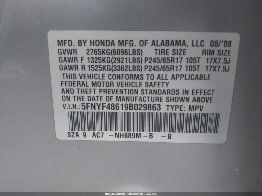 2009 Honda Pilot Ex-L VIN: 5FNYF48619B029863 Lot: 43259485