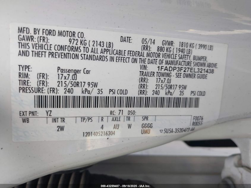 2014 Ford Focus Se VIN: 1FADP3F27EL321438 Lot: 43259487