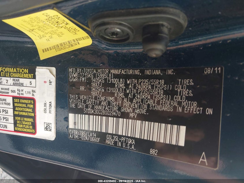 2011 Toyota Sienna Limited VIN: 5TDDK3DC2BS029470 Lot: 43259492