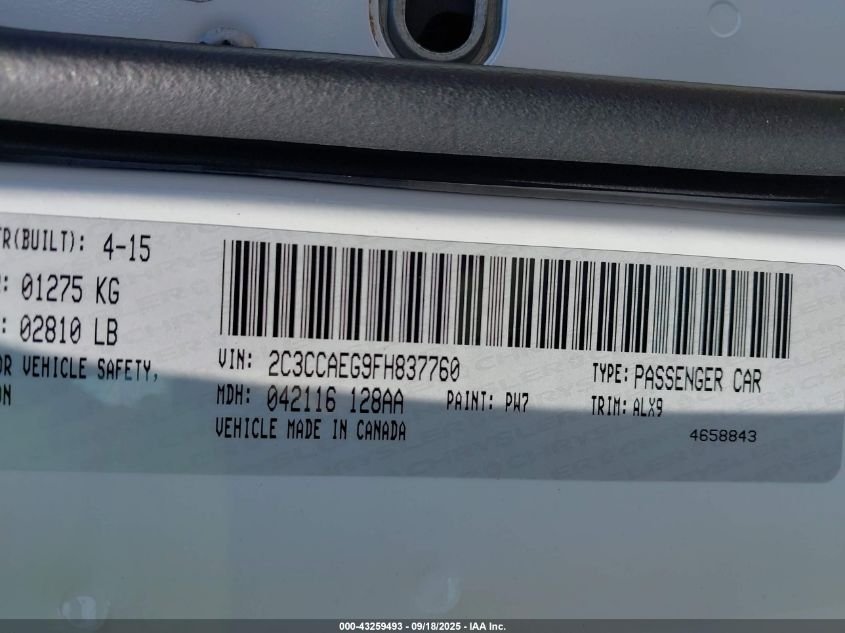 2015 Chrysler 300C VIN: 2C3CCAEG9FH837760 Lot: 43259493