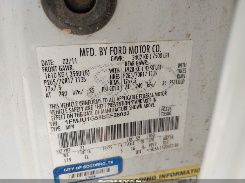 2011 Ford Expedition Xl VIN: 1FMJU1G58BEF28032 Lot: 43259498