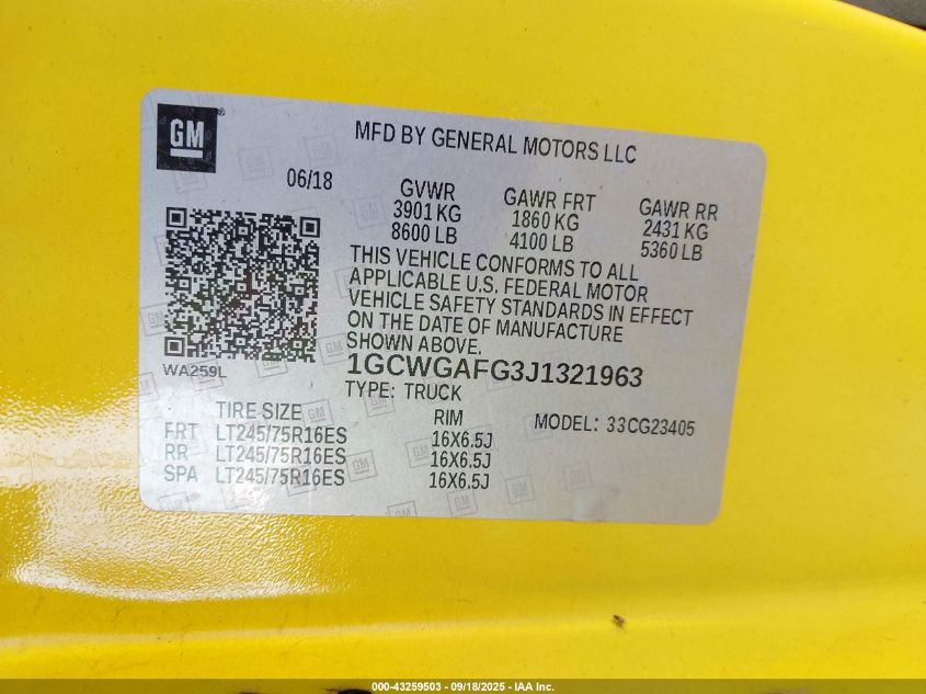 2018 Chevrolet Express 2500 Work Van VIN: 1GCWGAFG3J1321963 Lot: 43259503