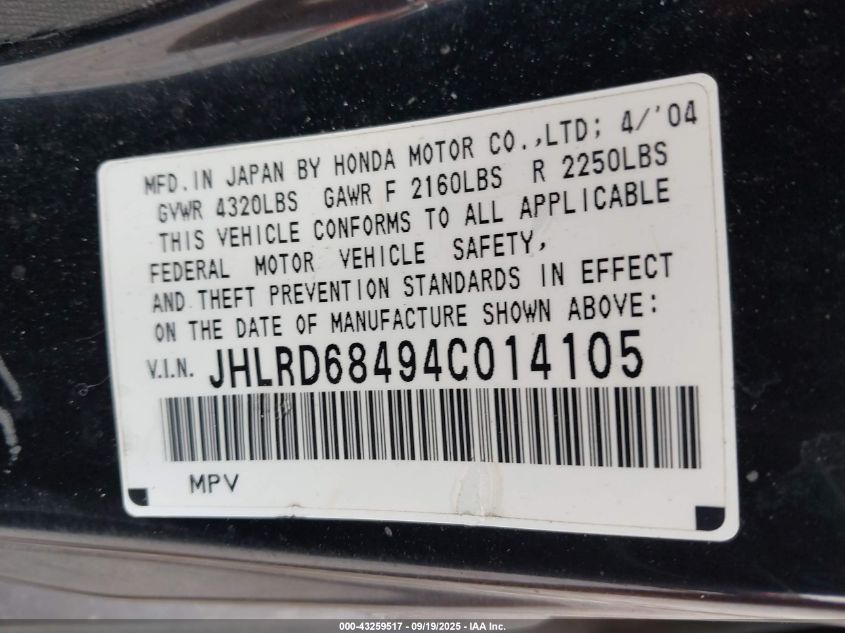 2004 Honda Cr-V Lx VIN: JHLRD68494C014105 Lot: 43259517