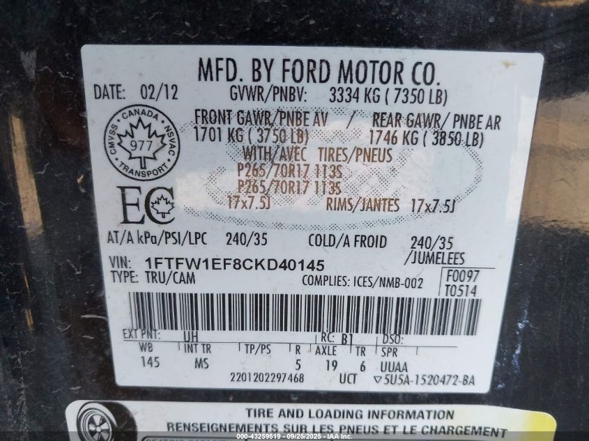 2012 Ford F-150 Xlt VIN: 1FTFW1EF8CKD40145 Lot: 43259519