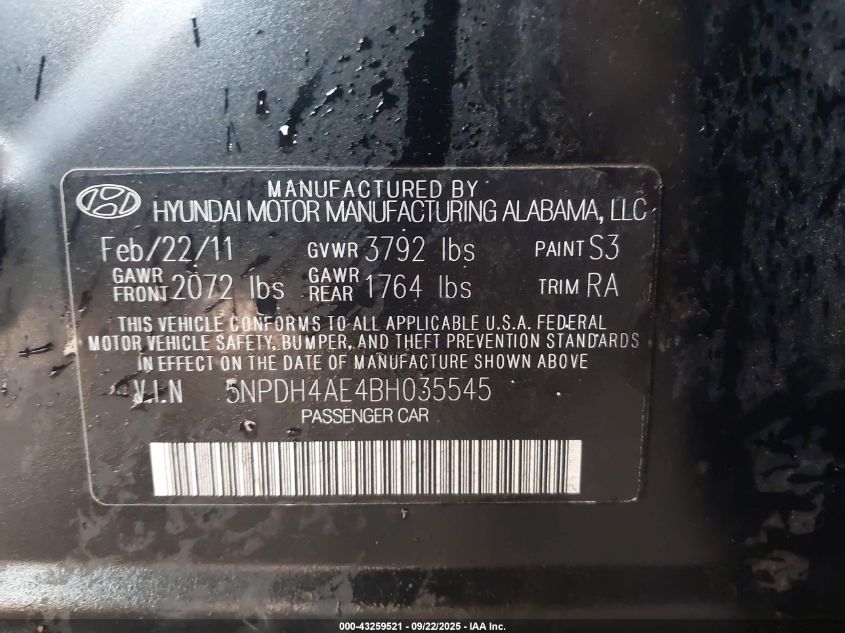 2011 Hyundai Elantra Gls VIN: 5NPDH4AE4BH035545 Lot: 43259521