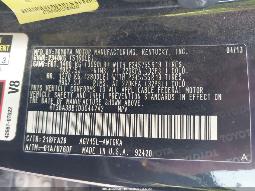 2013 Toyota Venza Le VIN: 4T3BA3BB1DU044242 Lot: 43259546