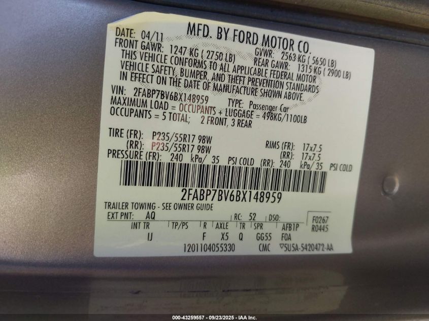 2011 Ford Crown Victoria Police Interceptor VIN: 2FABP7BV6BX148959 Lot: 43259557