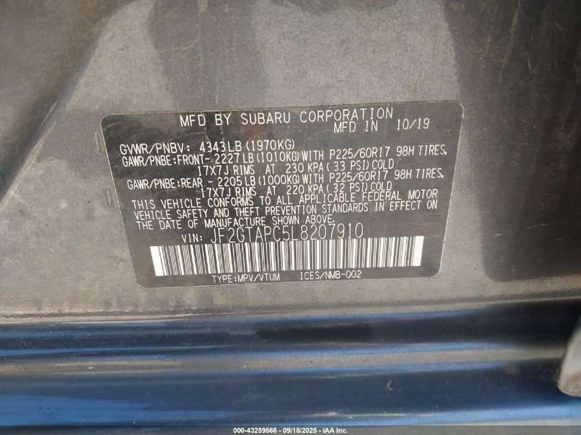 2020 Subaru Crosstrek Premium VIN: JF2GTAPC5L8207910 Lot: 43259566