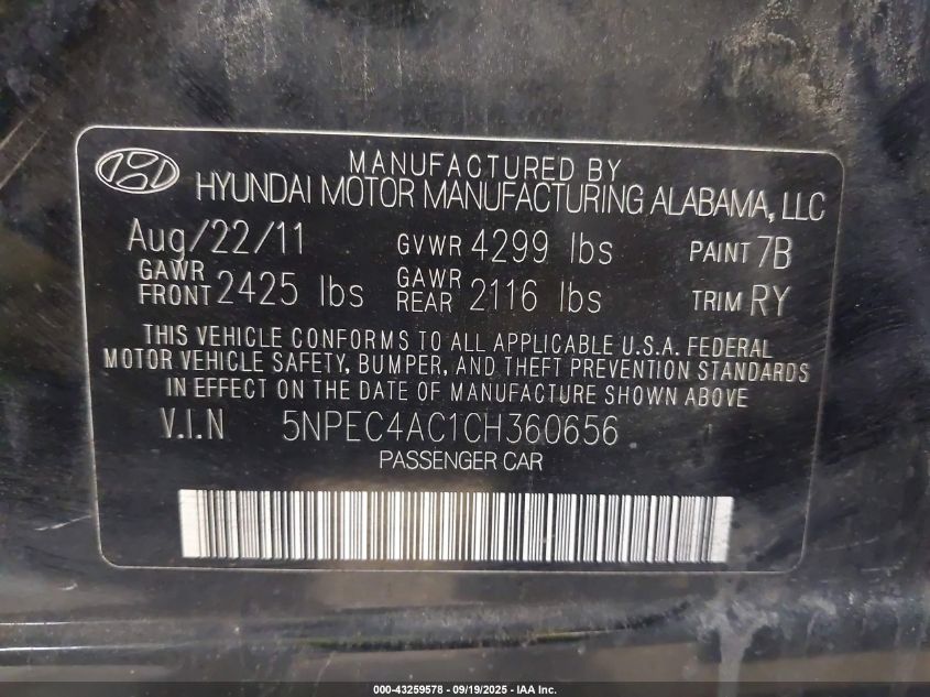 2012 Hyundai Sonata Se VIN: 5NPEC4AC1CH360656 Lot: 43259578