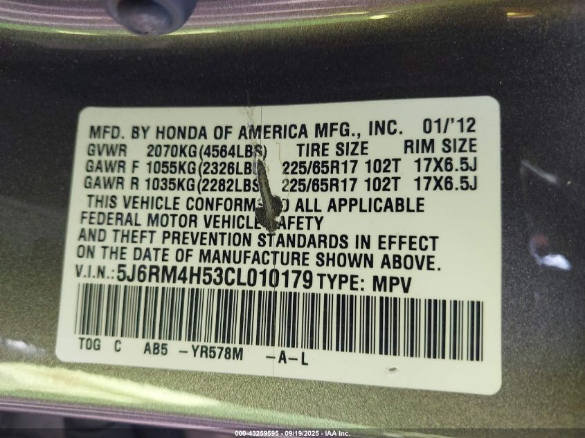 2012 Honda Cr-V Ex VIN: 5J6RM4H53CL010179 Lot: 43259595
