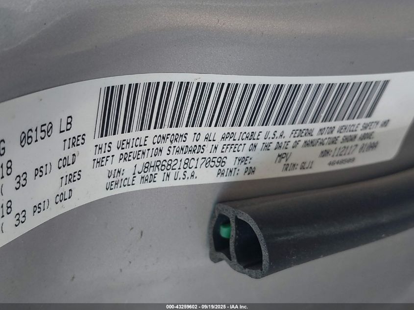 2008 Jeep Grand Cherokee Overland VIN: 1J8HR68218C170596 Lot: 43259602