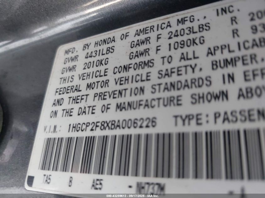 2011 Honda Accord 2.4 Ex-L VIN: 1HGCP2F8XBA006226 Lot: 43259613