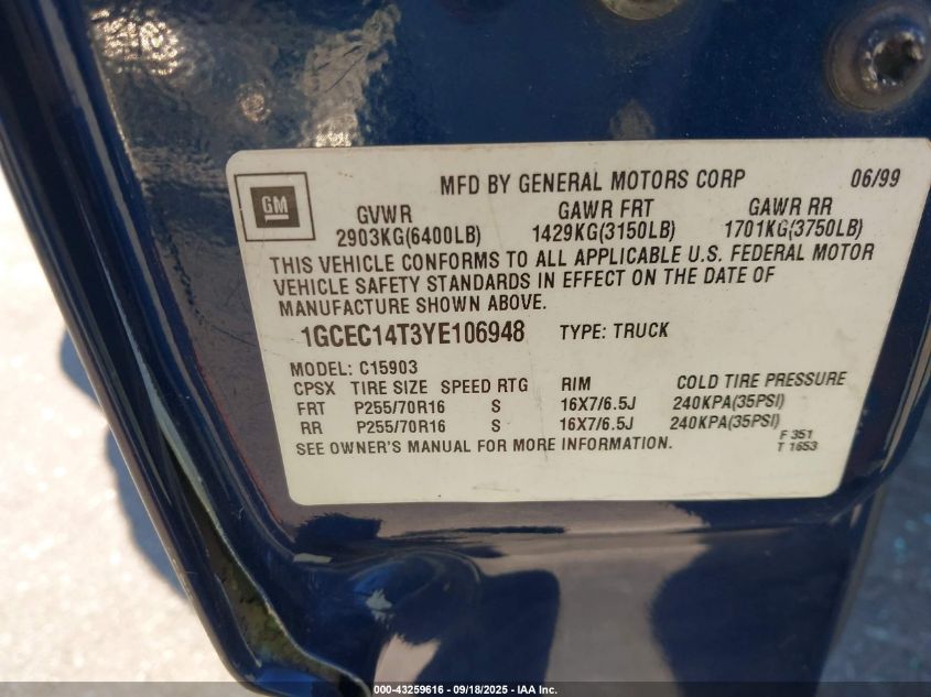 2000 Chevrolet Silverado 1500 Ls VIN: 1GCEC14T3YE106948 Lot: 43259616