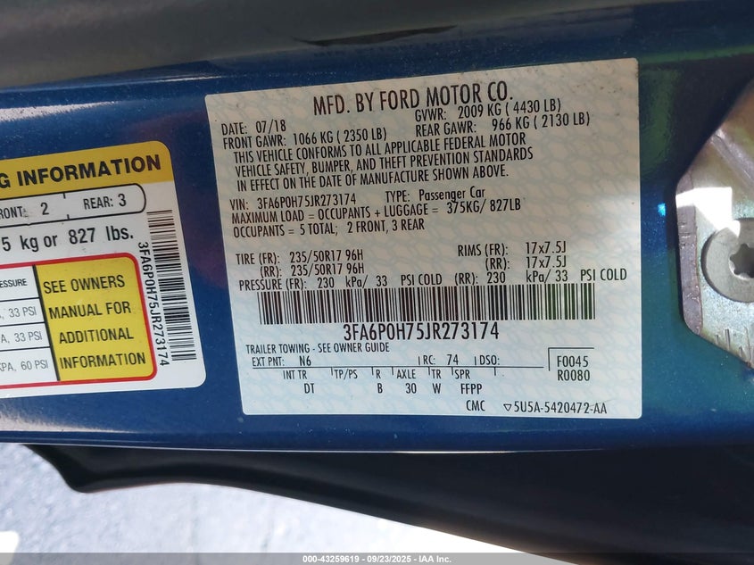 2018 FORD FUSION SE 3FA6P0H75JR273174