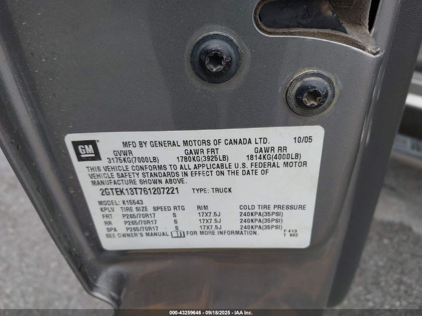 2006 GMC Sierra 1500 Slt VIN: 2GTEK13T761207221 Lot: 43259646
