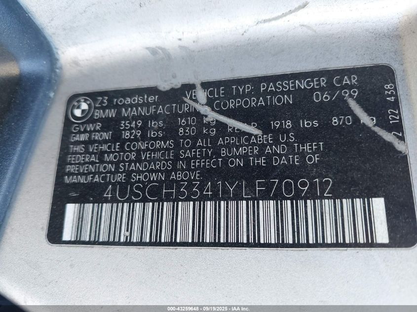 2000 BMW Z3 2.8 VIN: 4USCH3341YLF70912 Lot: 43259648