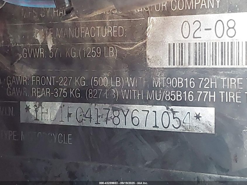 2008 Harley-Davidson Flhtcui VIN: 1HD1FC4178Y671054 Lot: 43259653