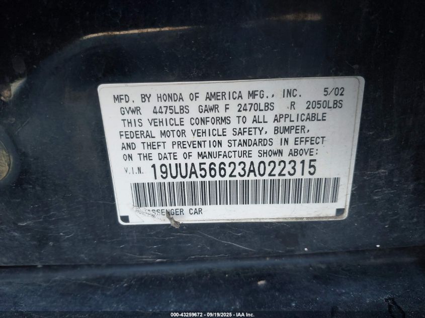 2003 Acura Tl 3.2 VIN: 19UUA56623A022315 Lot: 43259672