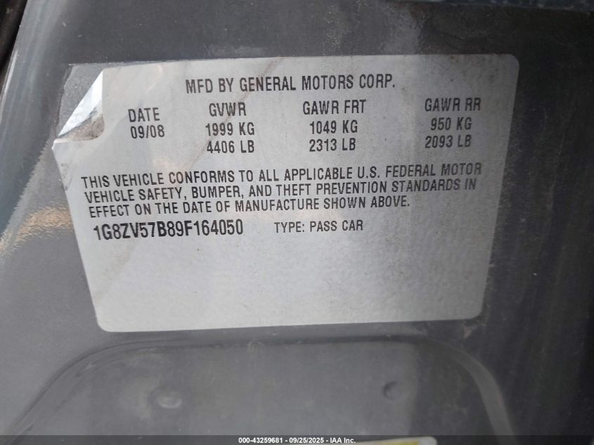 2009 Saturn Aura Xr VIN: 1G8ZV57B89F164050 Lot: 43259681