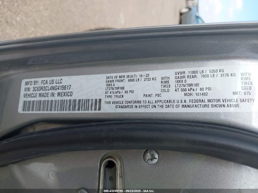 2022 Ram 3500 Tradesman 4X4 6'4 Box VIN: 3C63R3CL4NG415617 Lot: 43259705