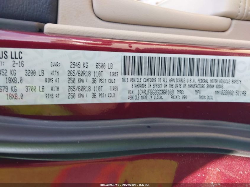 2016 Jeep Grand Cherokee Limited VIN: 1C4RJFBG8GC360109 Lot: 43259712