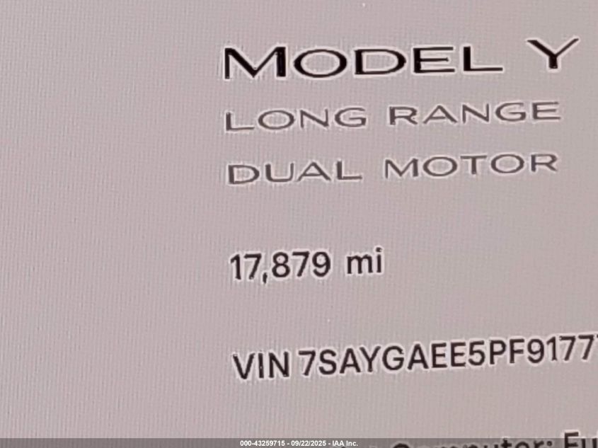 2023 Tesla Model Y Awd/Long Range Dual Motor All-Wheel Drive VIN: 7SAYGAEE5PF917779 Lot: 43259715