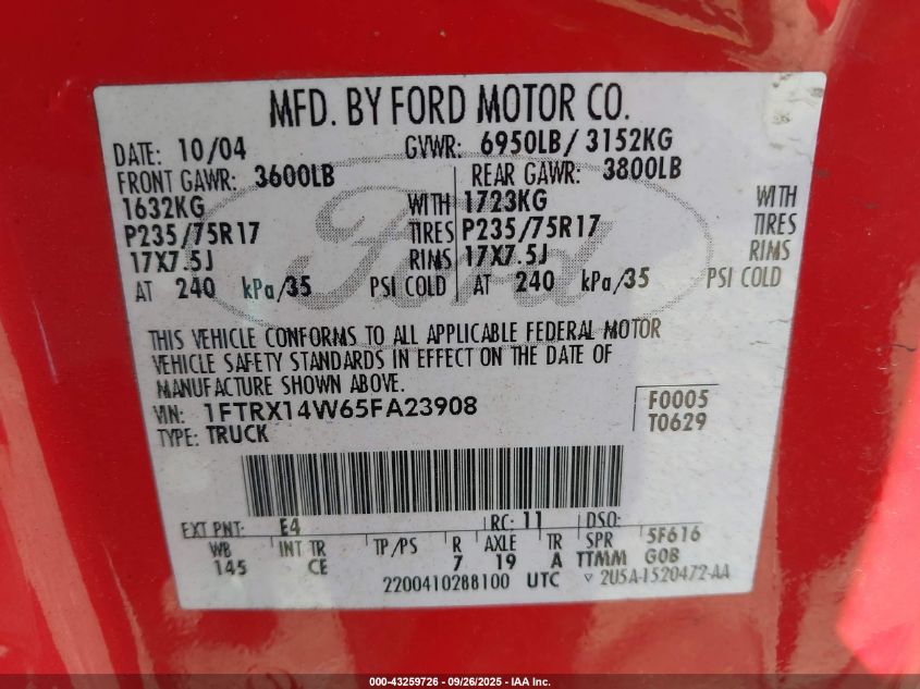 2005 Ford F-150 Stx/Xl/Xlt VIN: 1FTRX14W65FA23908 Lot: 43259726