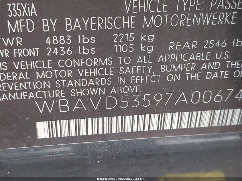 2007 BMW 335Xi VIN: WBAVD53597A006749 Lot: 43259739