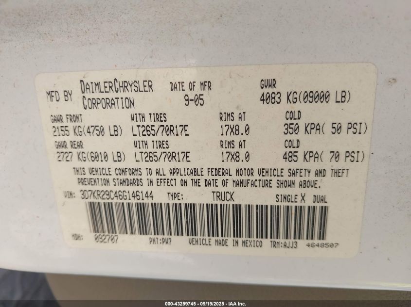 2006 Dodge Ram 2500 Slt VIN: 3D7KR29C46G146144 Lot: 43259745