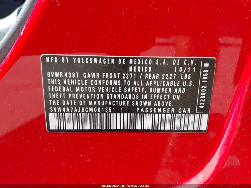 2012 Volkswagen Jetta Gli VIN: 3VW4A7AJ6CM061351 Lot: 43259751