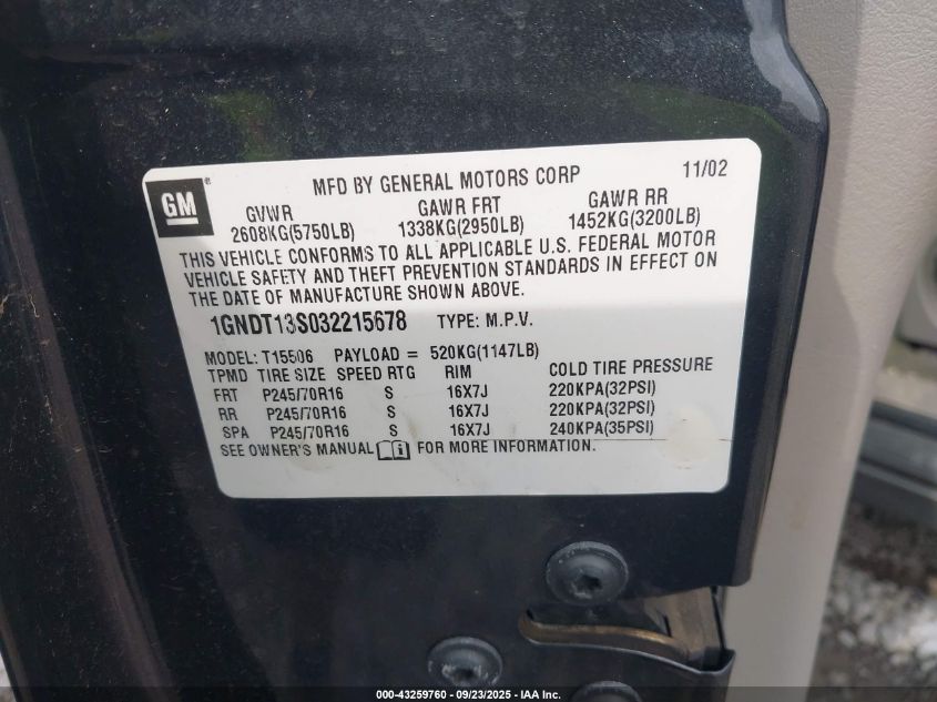 2003 Chevrolet Trailblazer Ls VIN: 1GNDT13S032215678 Lot: 43259760