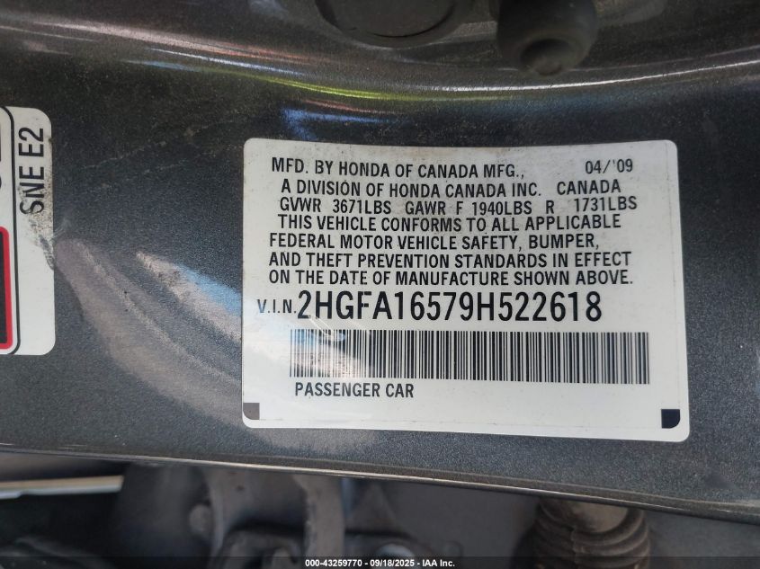 2009 Honda Civic Lx VIN: 2HGFA16579H522618 Lot: 43259770