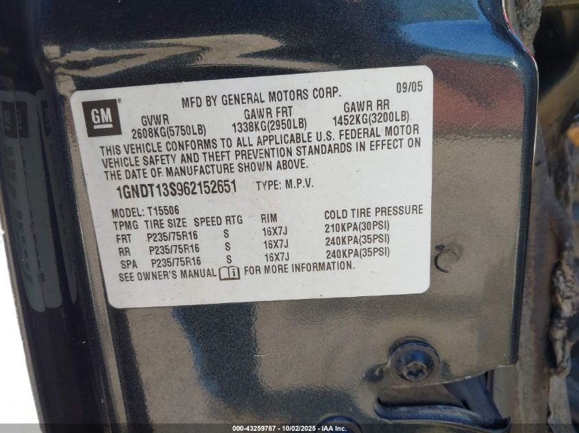 2006 Chevrolet Trailblazer Ls VIN: 1GNDT13S962152651 Lot: 43259787