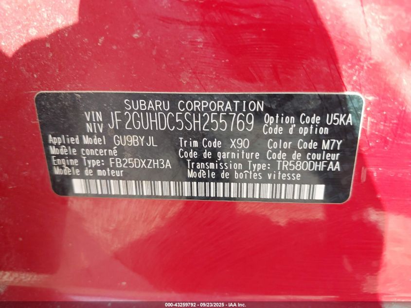 2025 Subaru Crosstrek Premium VIN: JF2GUHDC5SH255769 Lot: 43259792