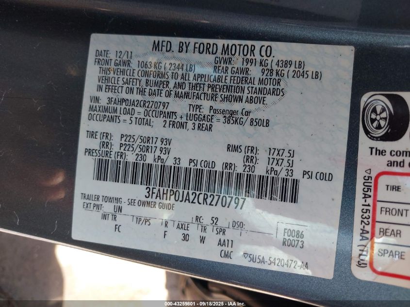 2012 Ford Fusion Sel VIN: 3FAHP0JA2CR270797 Lot: 43259801