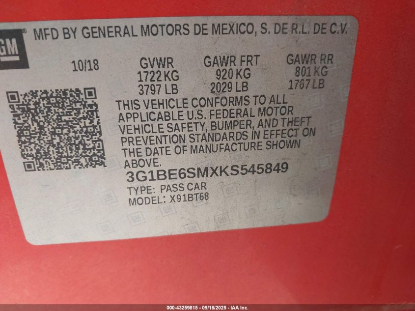 2019 Chevrolet Cruze Lt VIN: 3G1BE6SMXKS545849 Lot: 43259815