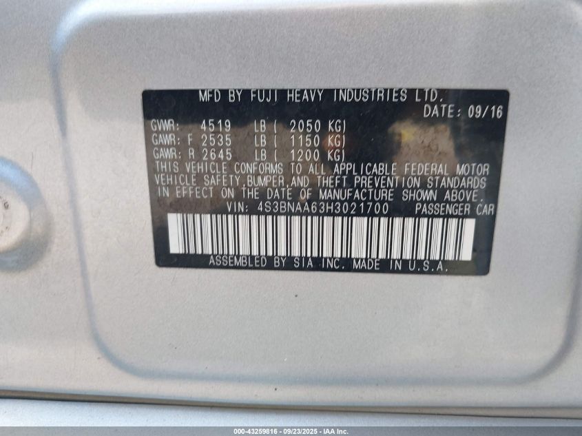 2017 Subaru Legacy 2.5I VIN: 4S3BNAA63H3021700 Lot: 43259816