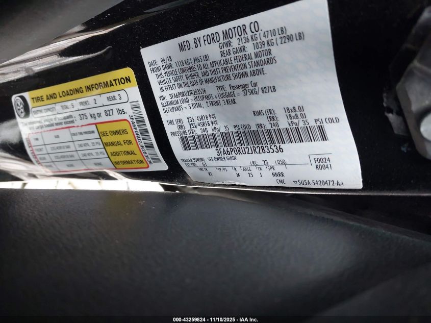 2018 Ford Fusion Hybrid Titanium VIN: 3FA6P0RU2JR283536 Lot: 43259824